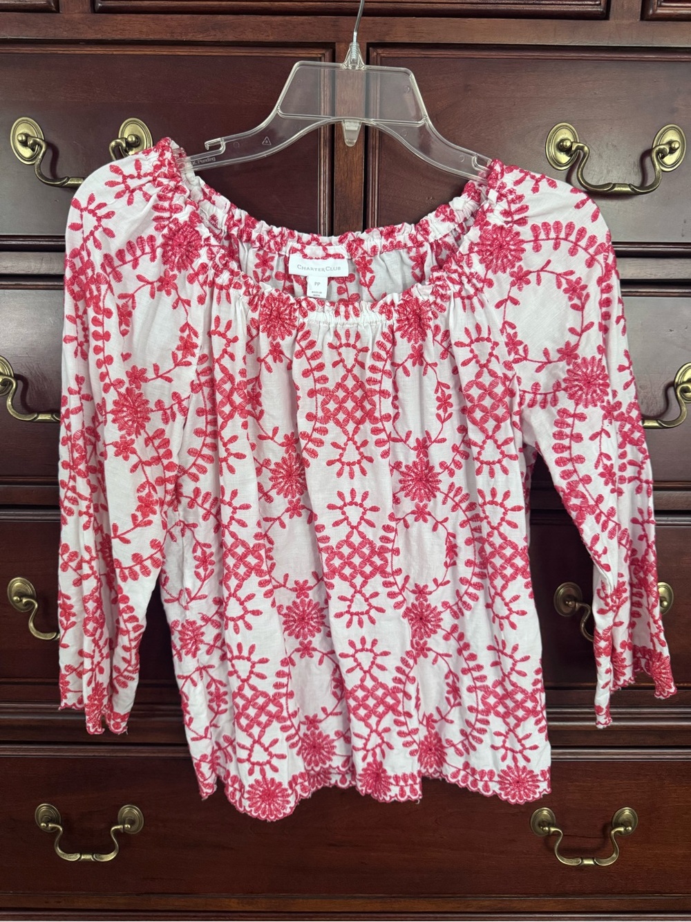 Charter Club White Blouse with Red Embroidery